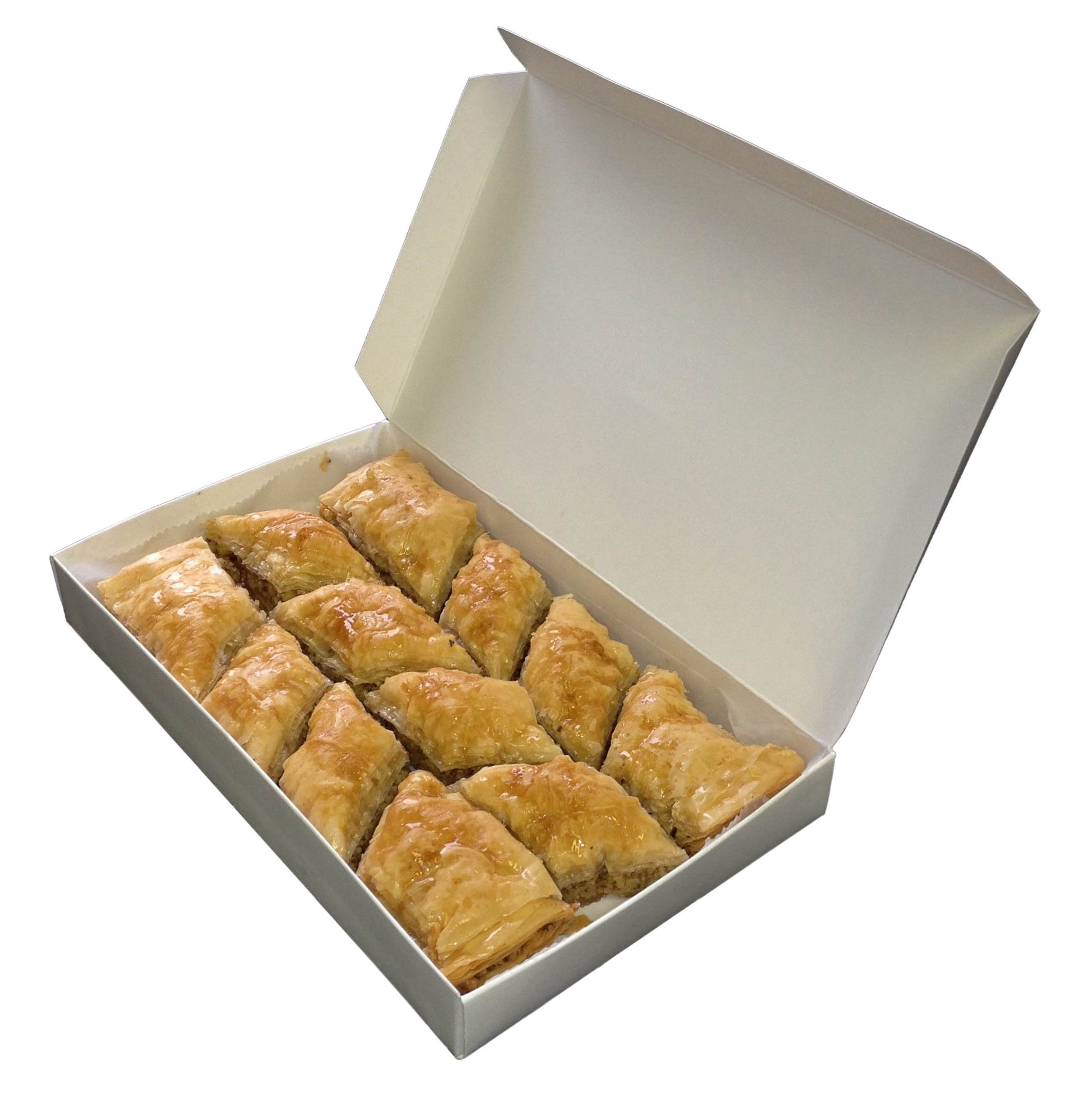 May include: A white cardboard box with the lid open, revealing a dozen golden brown baklava pastries arranged in rows.