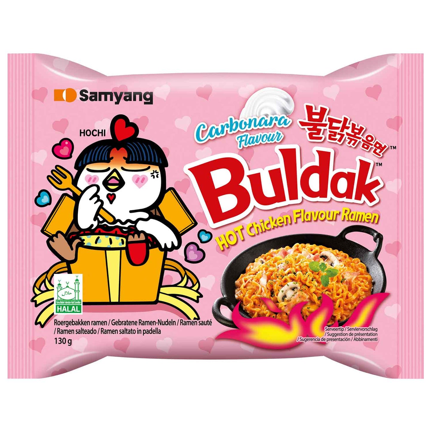 ramen, hot chicken, carbonara, snack, pink packaging